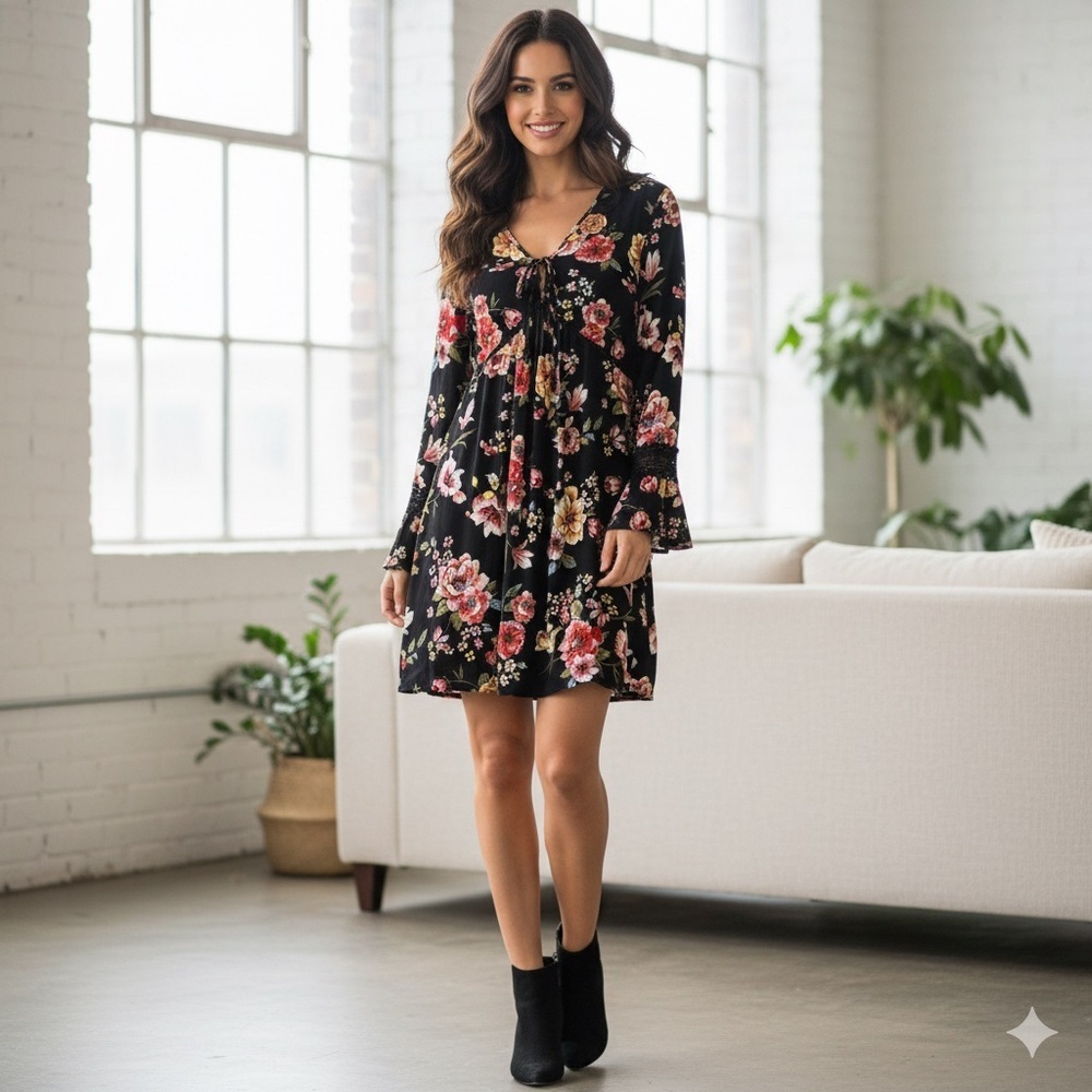 Old Navy Black Floral Long Sleeve Dress